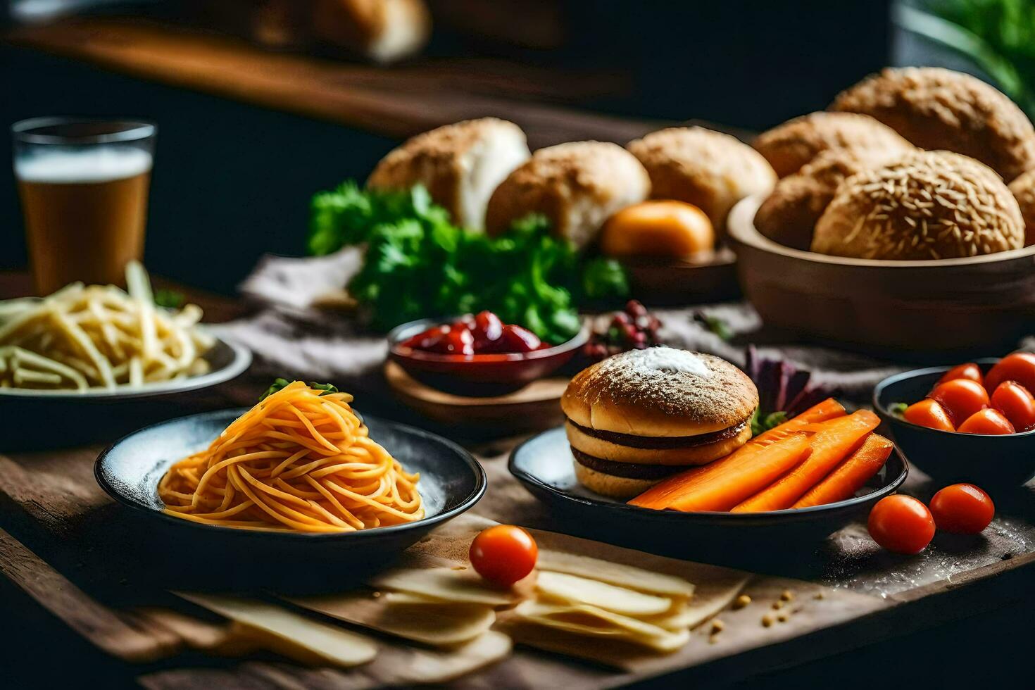 various foods including pasta, bread, cheese, vegetables and hamburger on a table. AI-Generated photo