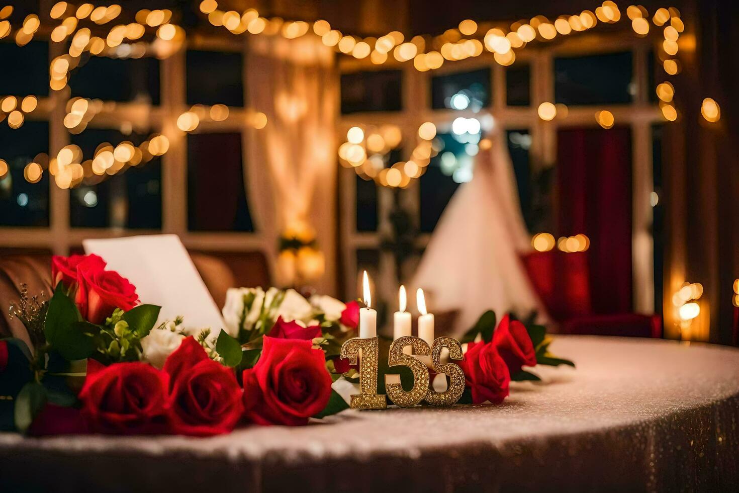 un mesa con velas y rojo rosas. generado por ai foto