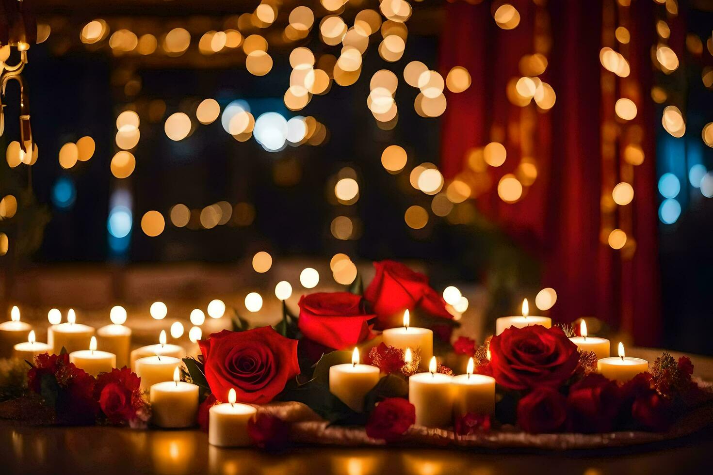 candles and roses are arranged on a table with bokeh lights. AI-Generated photo