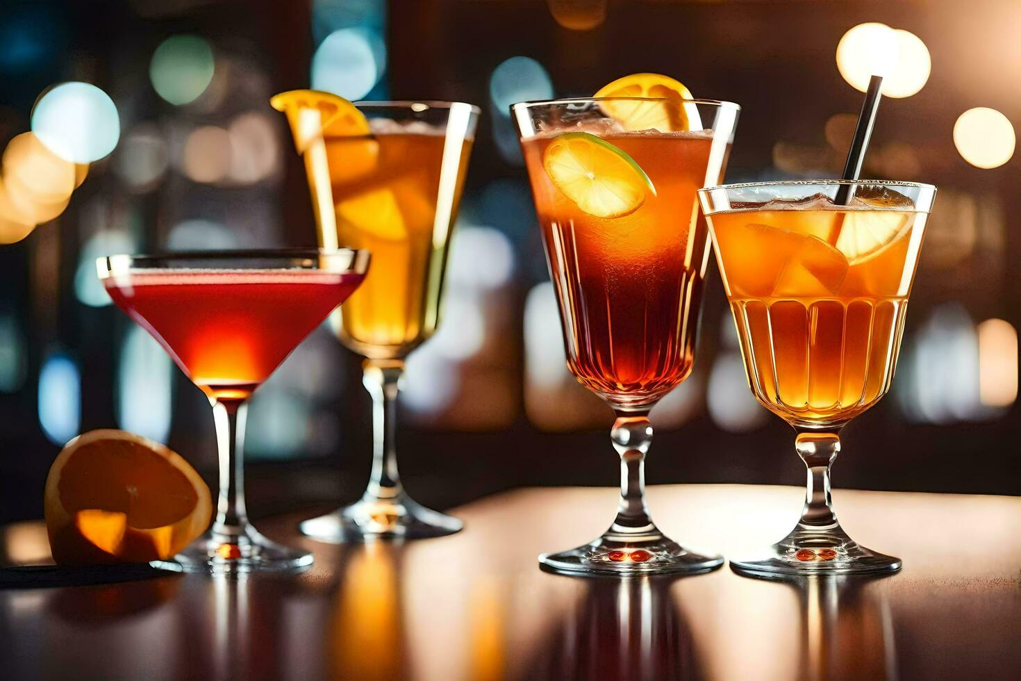 three different types of alcoholic drinks on a bar. AI-Generated photo