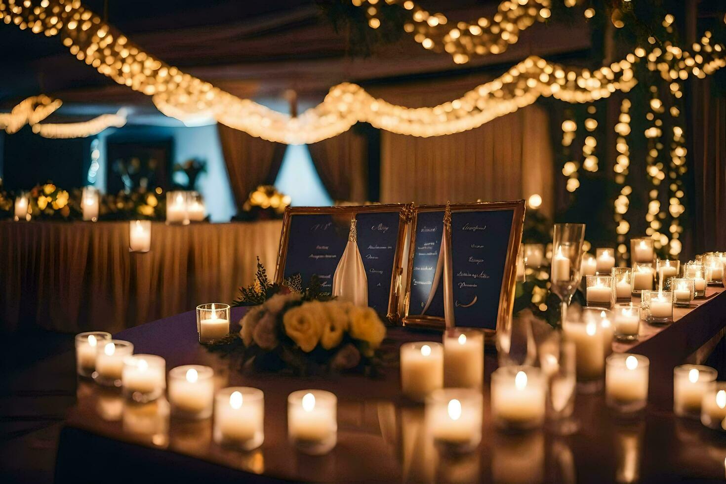 un mesa con velas y un firmar con un menú. generado por ai foto