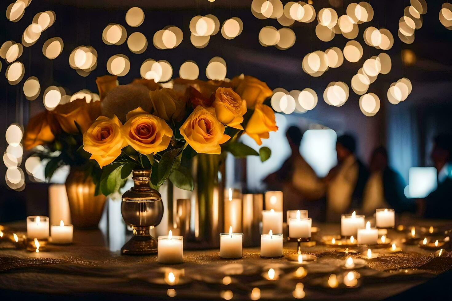 candles and yellow roses are arranged in a vase on a table. AI-Generated photo
