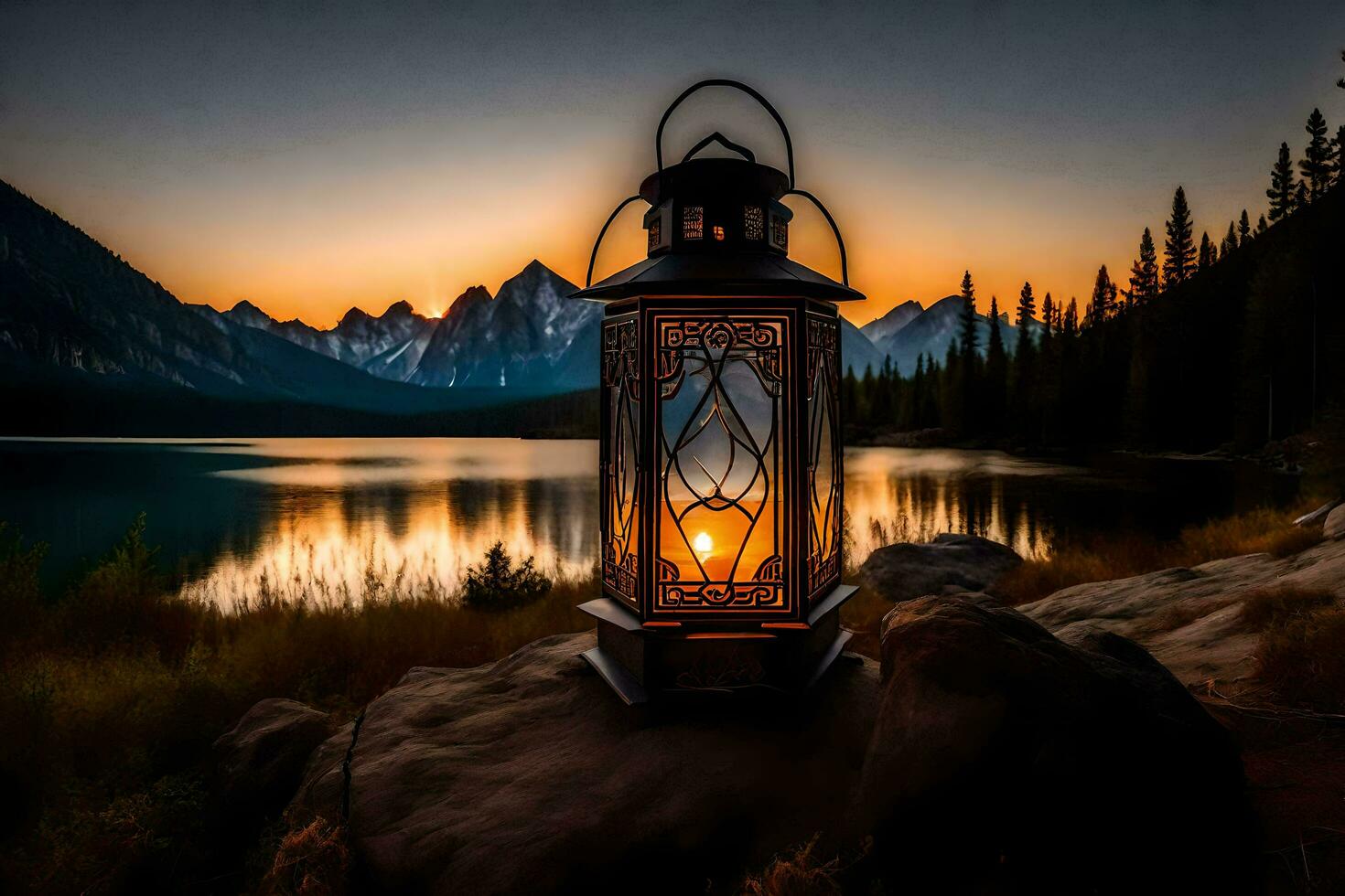 the lantern, sunset, mountains, lake, sunset, the lantern, the lantern, the lantern. AI-Generated photo