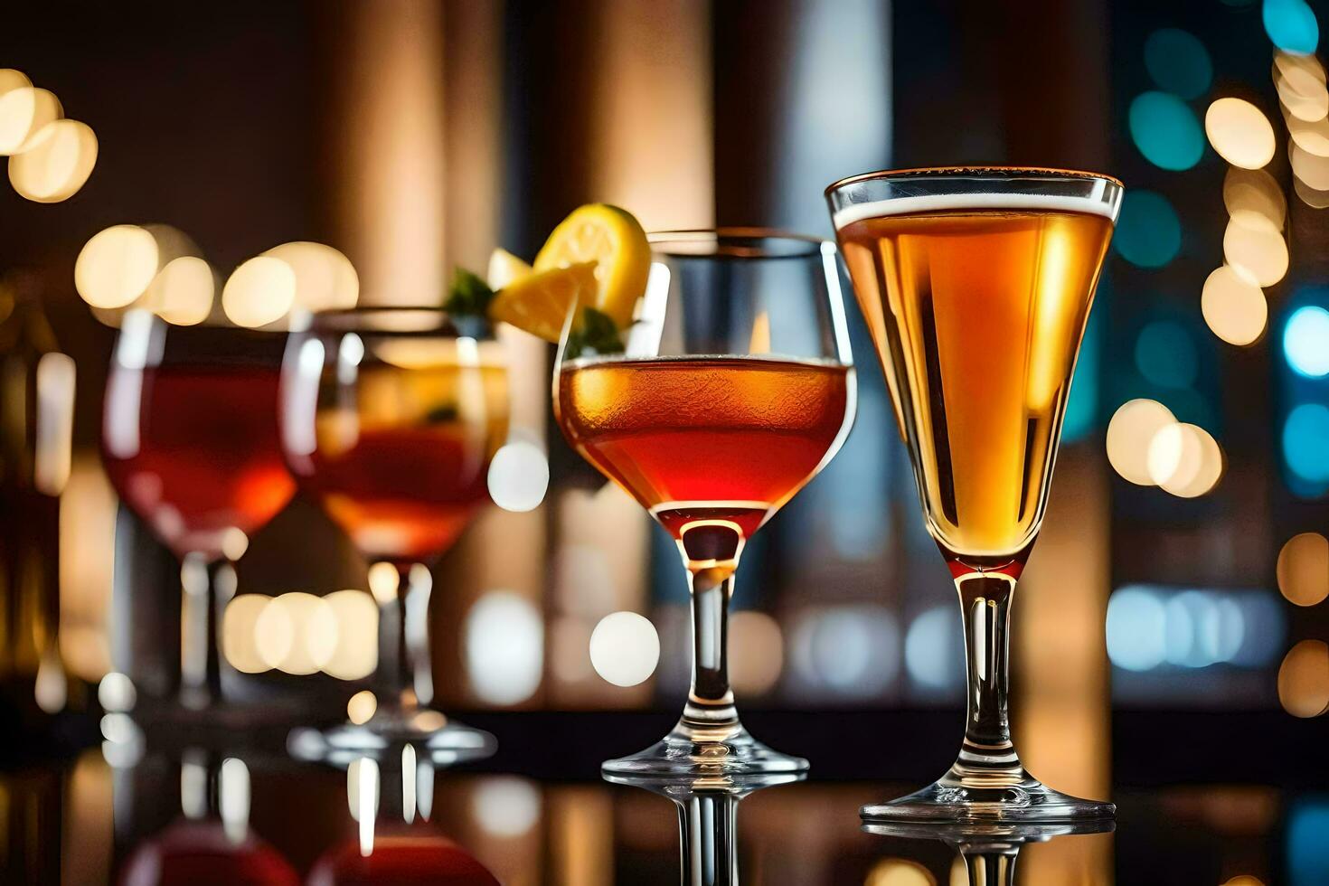 three glasses of different alcoholic drinks on a bar. AI-Generated photo