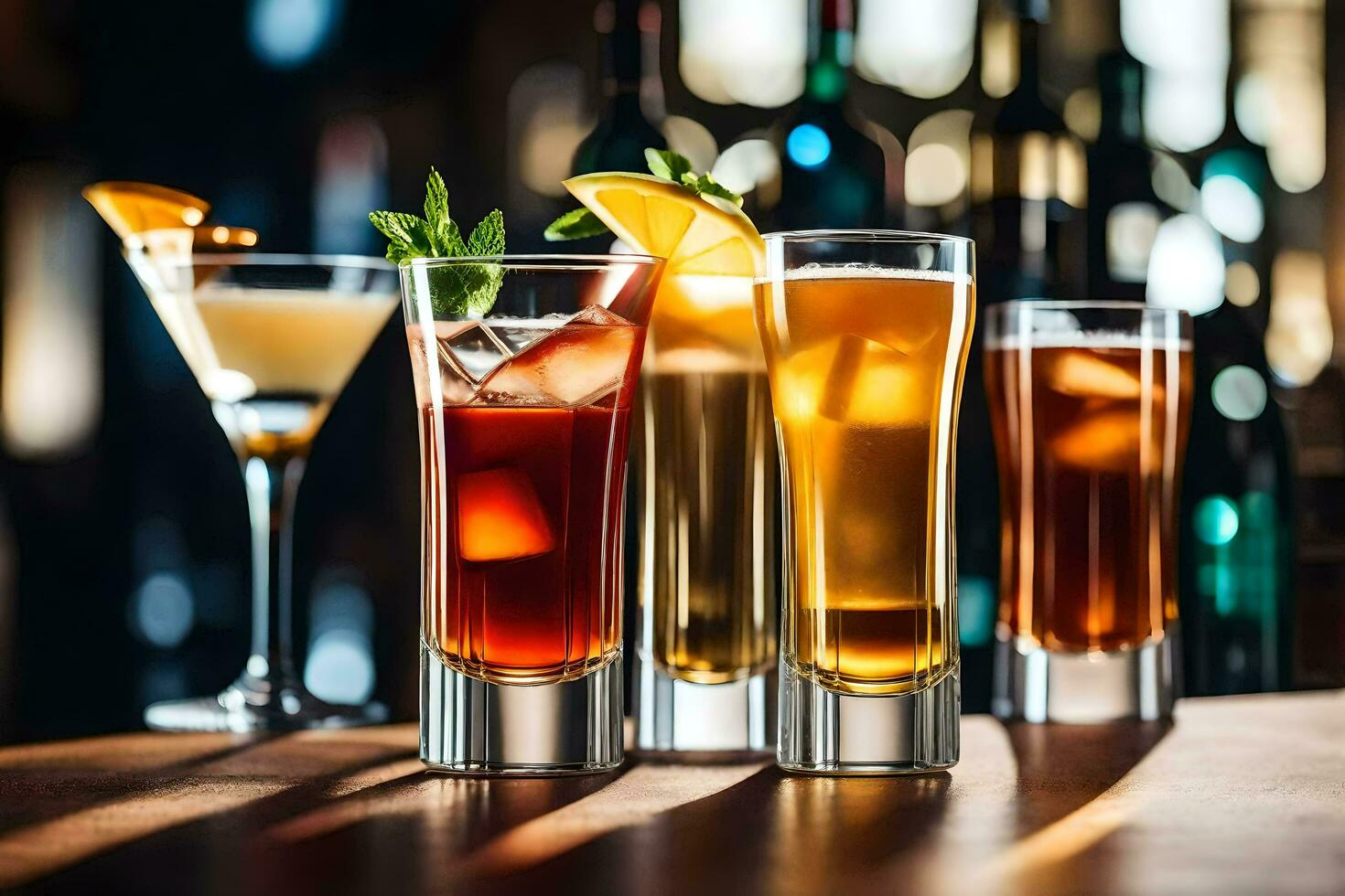 a group of different alcoholic drinks on a bar. AI-Generated photo