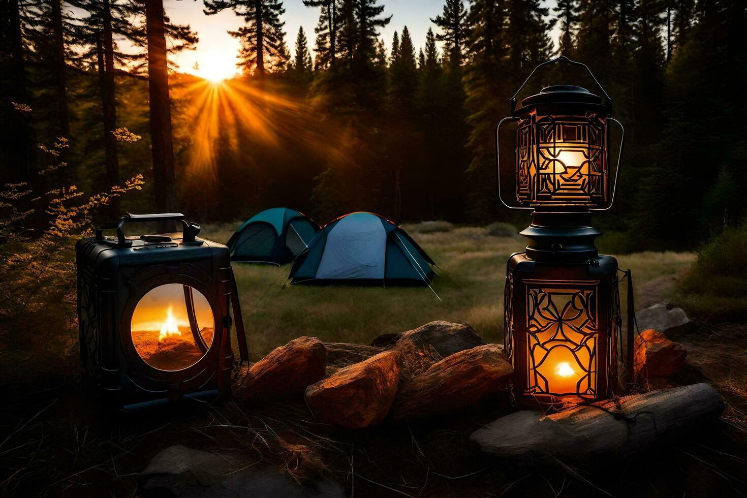 camping lanterns and a tent in the woods. AI-Generated photo