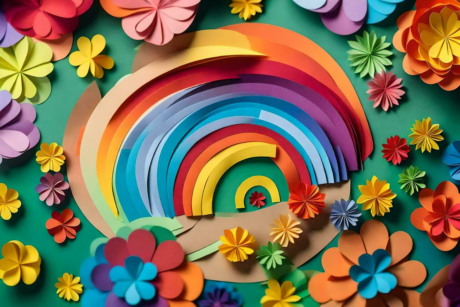 colorful paper flowers and rainbow on a green background. AI-Generated photo