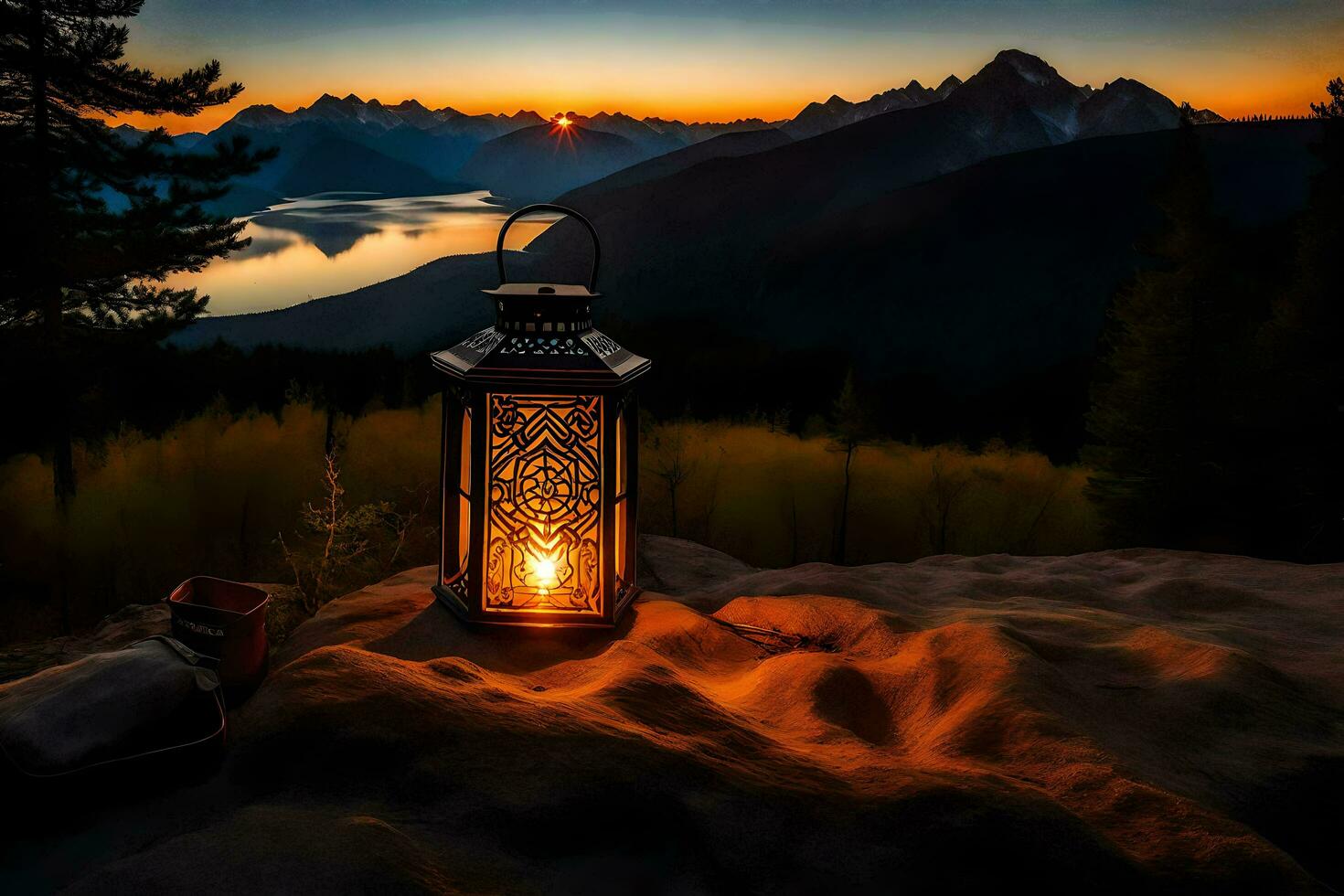 a lantern is lit on a mountain at sunset. AI-Generated photo