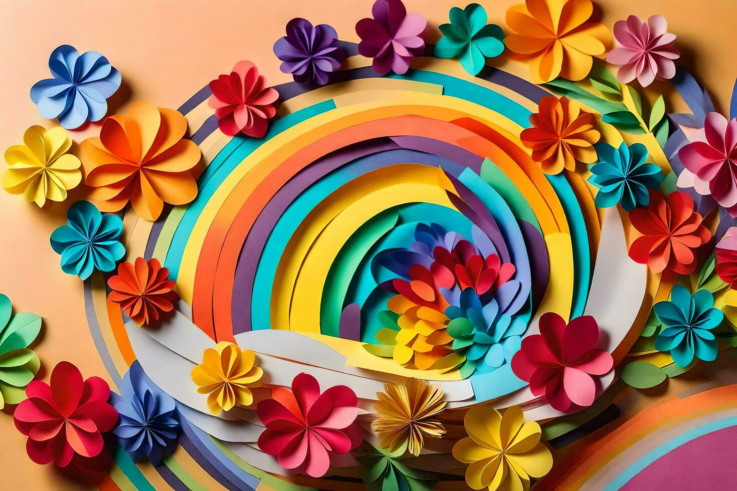 colorful paper flowers and rainbow in a circle. AI-Generated photo