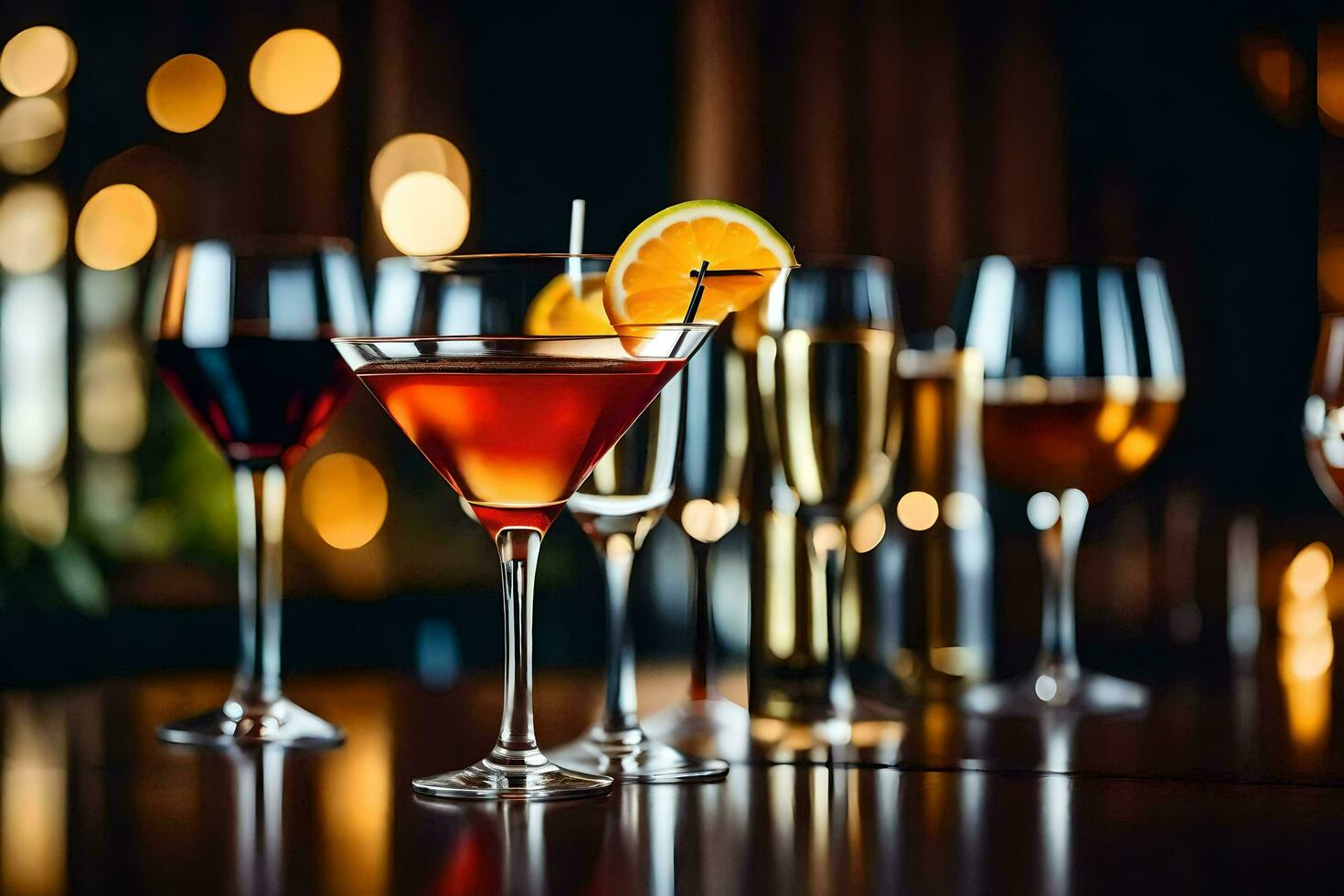 a group of glasses with different drinks on a table. AI-Generated photo