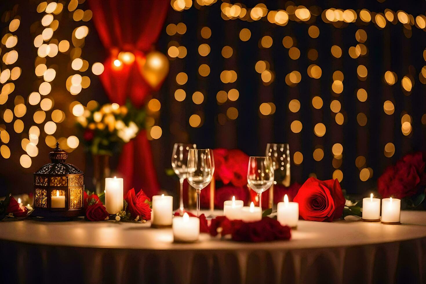 a table with candles and flowers in front of a red backdrop. AI-Generated photo