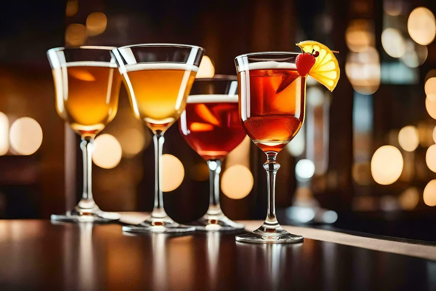 three glasses of different alcoholic drinks on a bar. AI-Generated photo