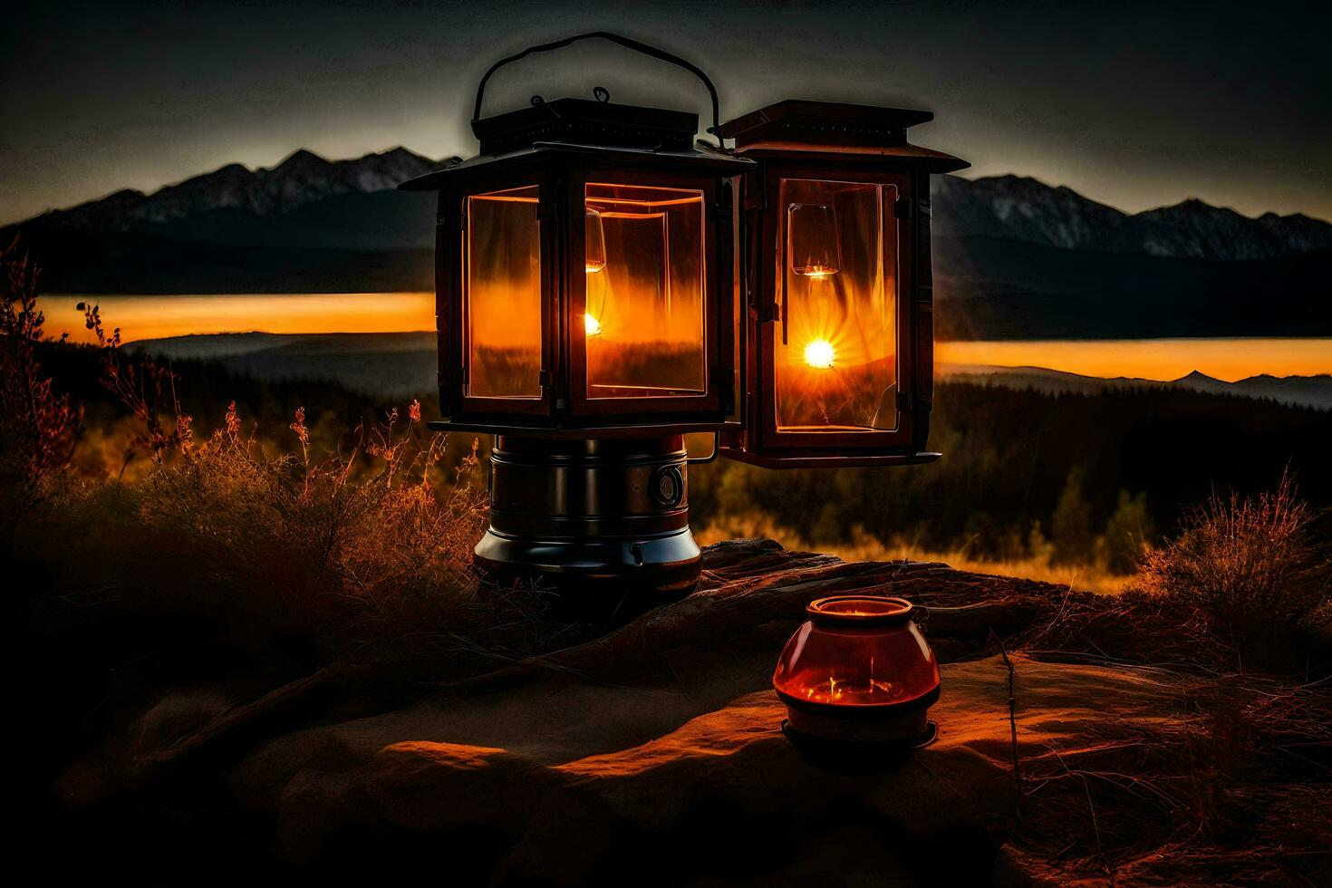 photo wallpaper the sky, mountains, sunset, lantern, lantern, lantern, lantern, lantern,. AI-Generated