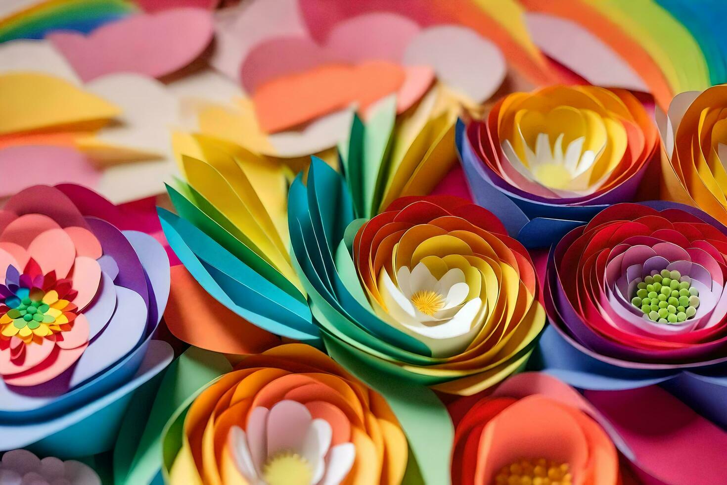 a colorful paper flower arrangement with paper hearts and flowers. AI-Generated photo