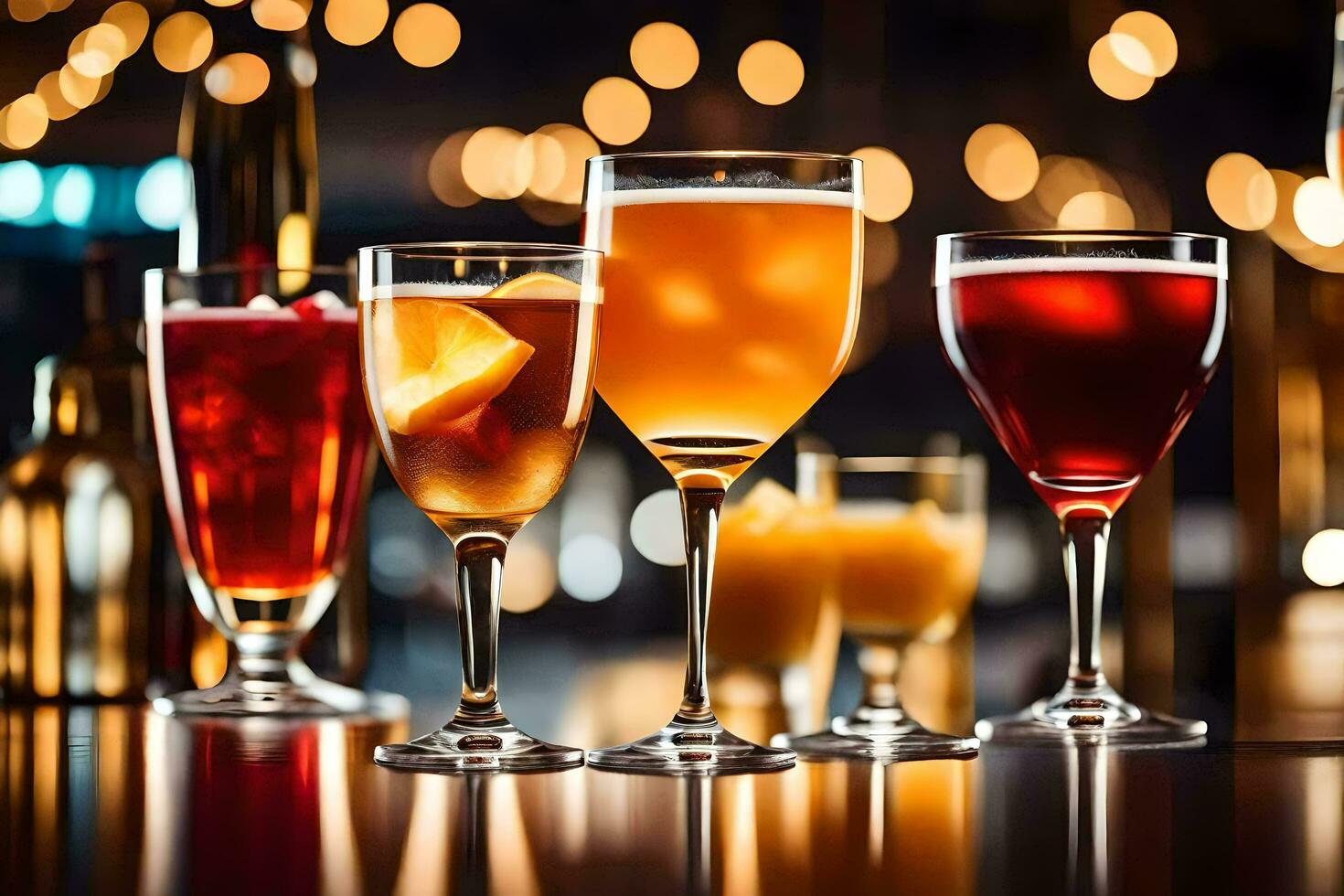 various alcoholic drinks are lined up on a bar. AI-Generated photo