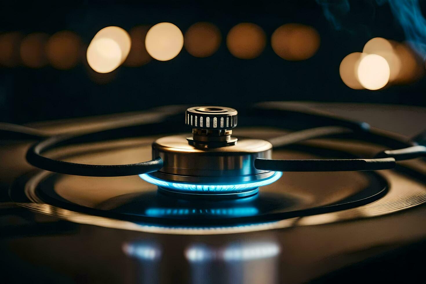 a close up of a turntable with a light on it. AI-Generated photo