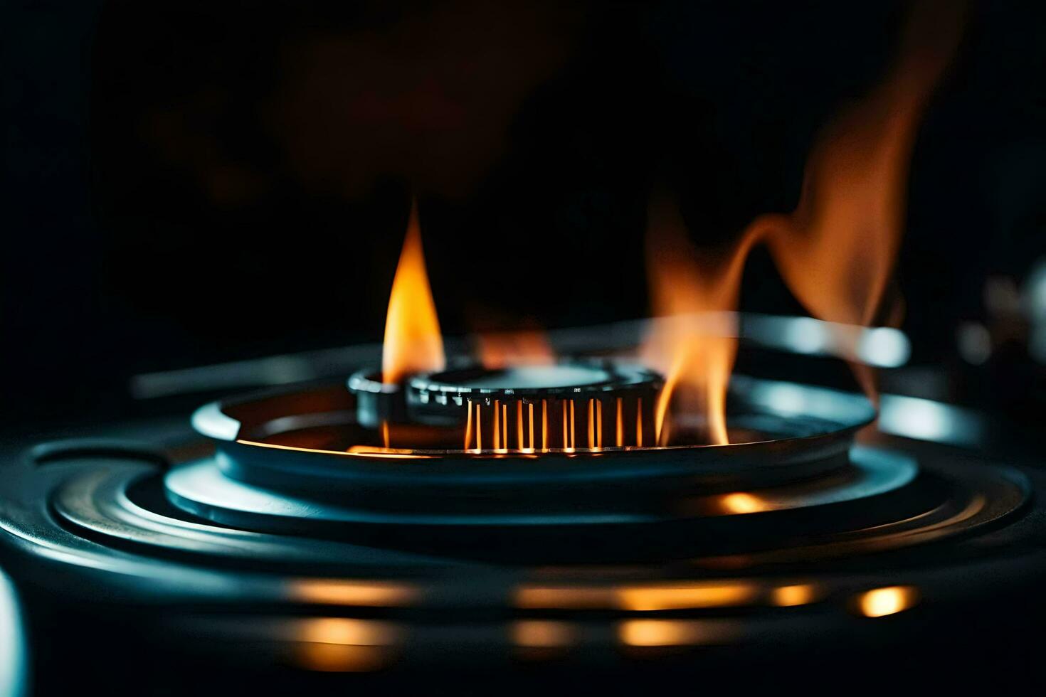 a close up of a gas stove with flames. AI-Generated photo