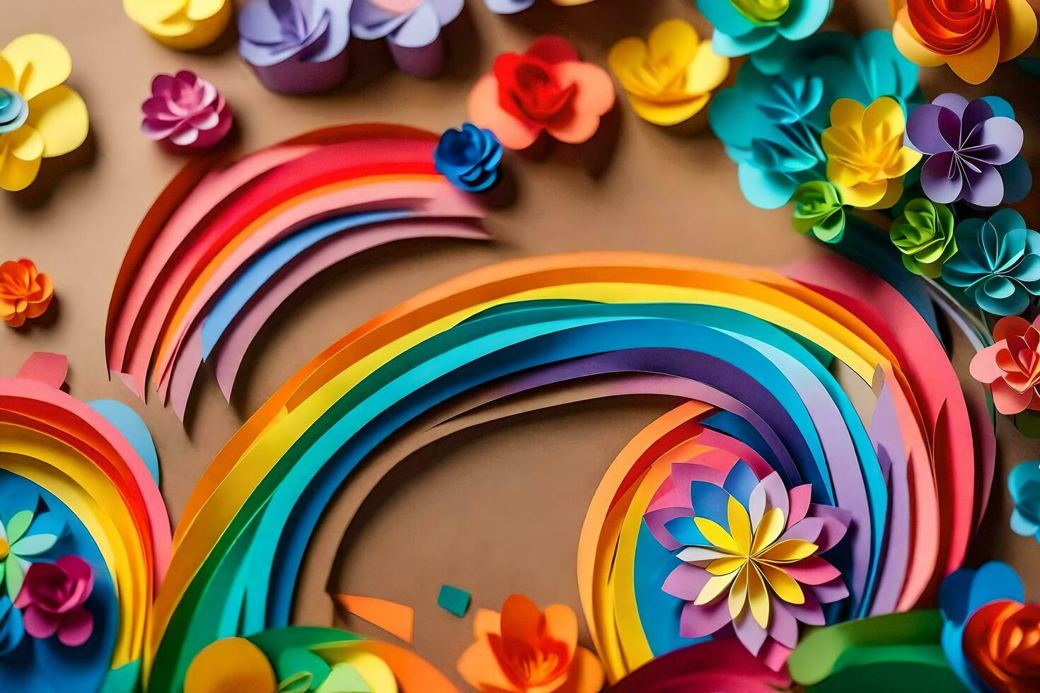 colorful paper flowers and a rainbow are arranged on a brown surface. AI-Generated photo