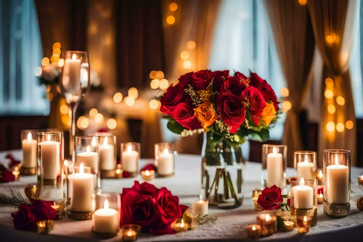 red roses and candles on a table with red and gold lights. AI-Generated photo