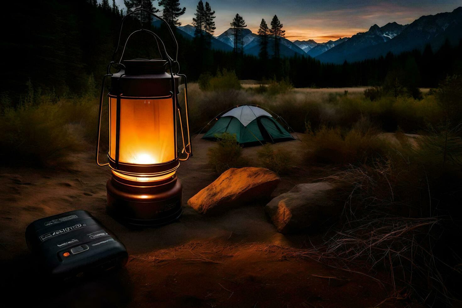 a camping lantern is lit up in the middle of the night. AI-Generated photo