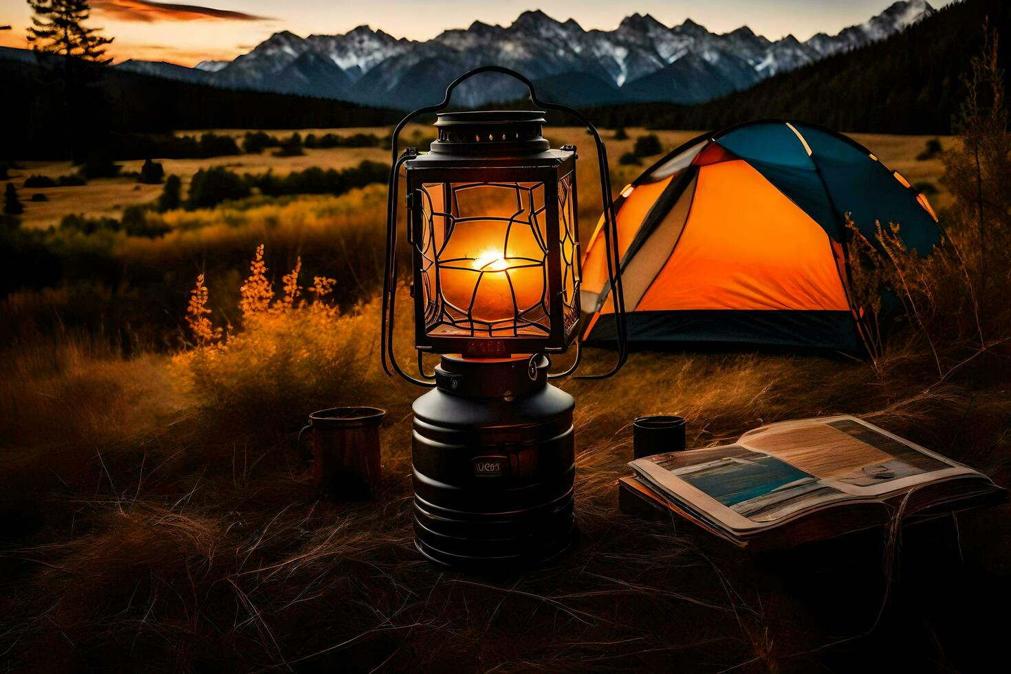 the lantern is lit and the book is open in front of the tent. AI-Generated photo