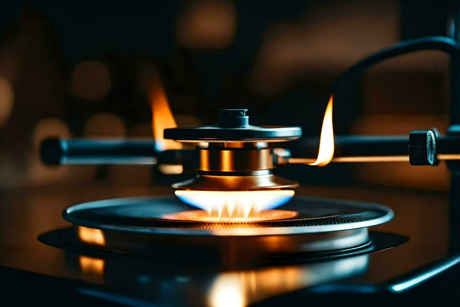 a close up of a gas burner on a turntable. AI-Generated photo