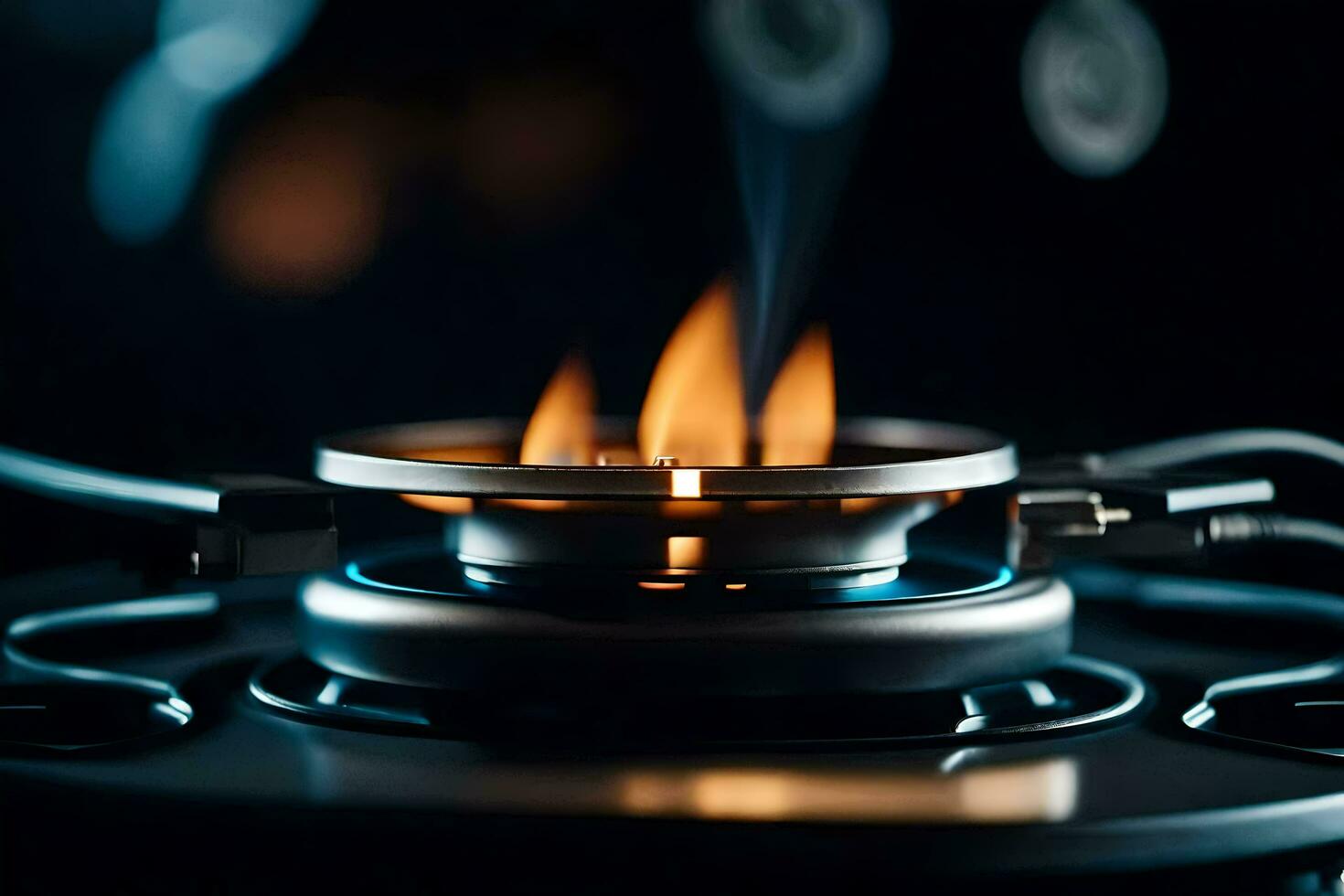 a gas burner on a stove top with flames. AI-Generated photo