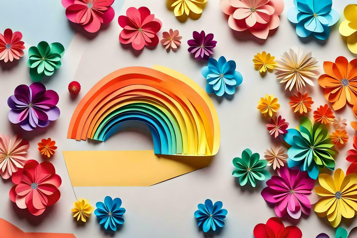 colorful paper flowers arranged in a rainbow shape. AI-Generated photo