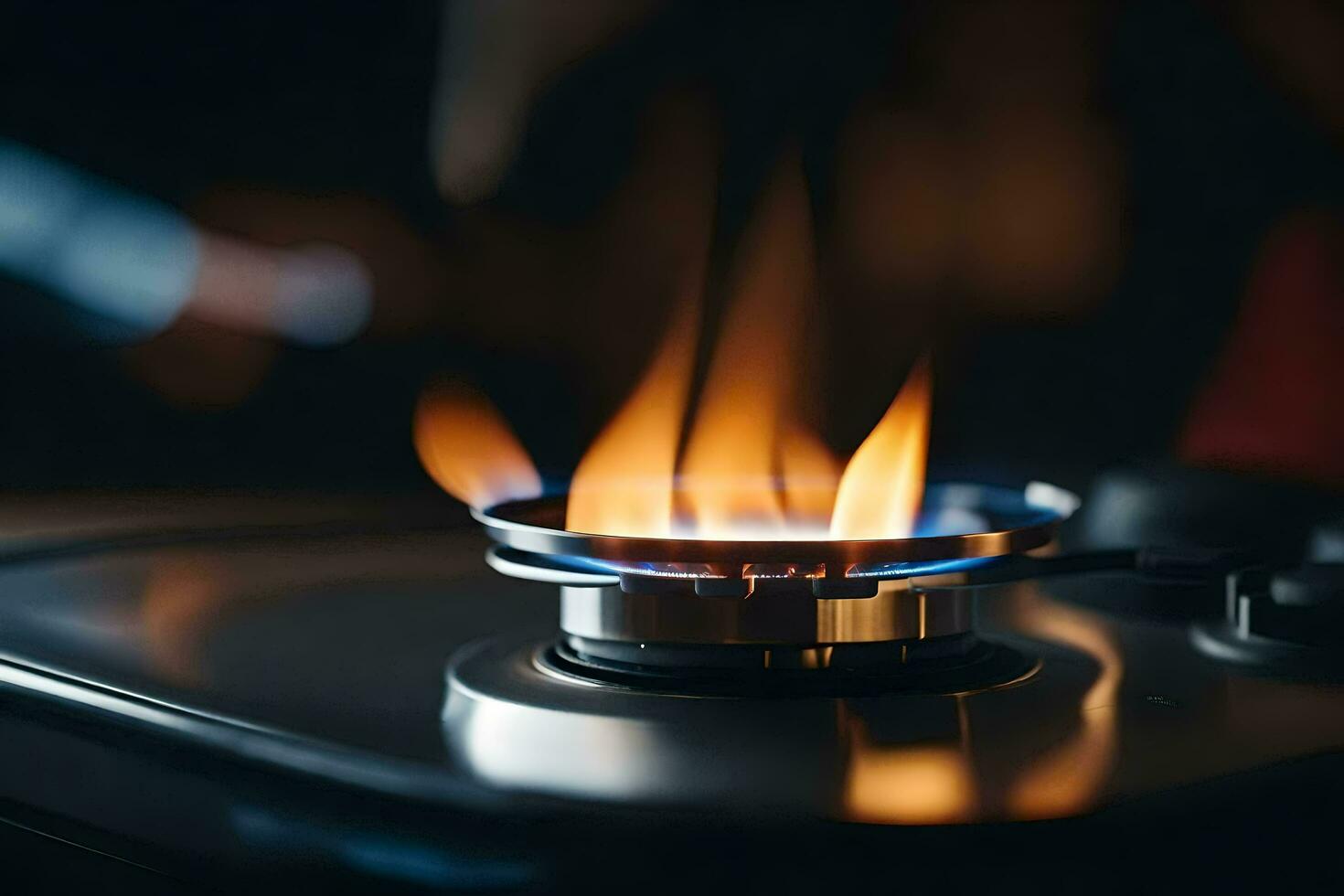 a close up of a gas stove with flames. AI-Generated photo