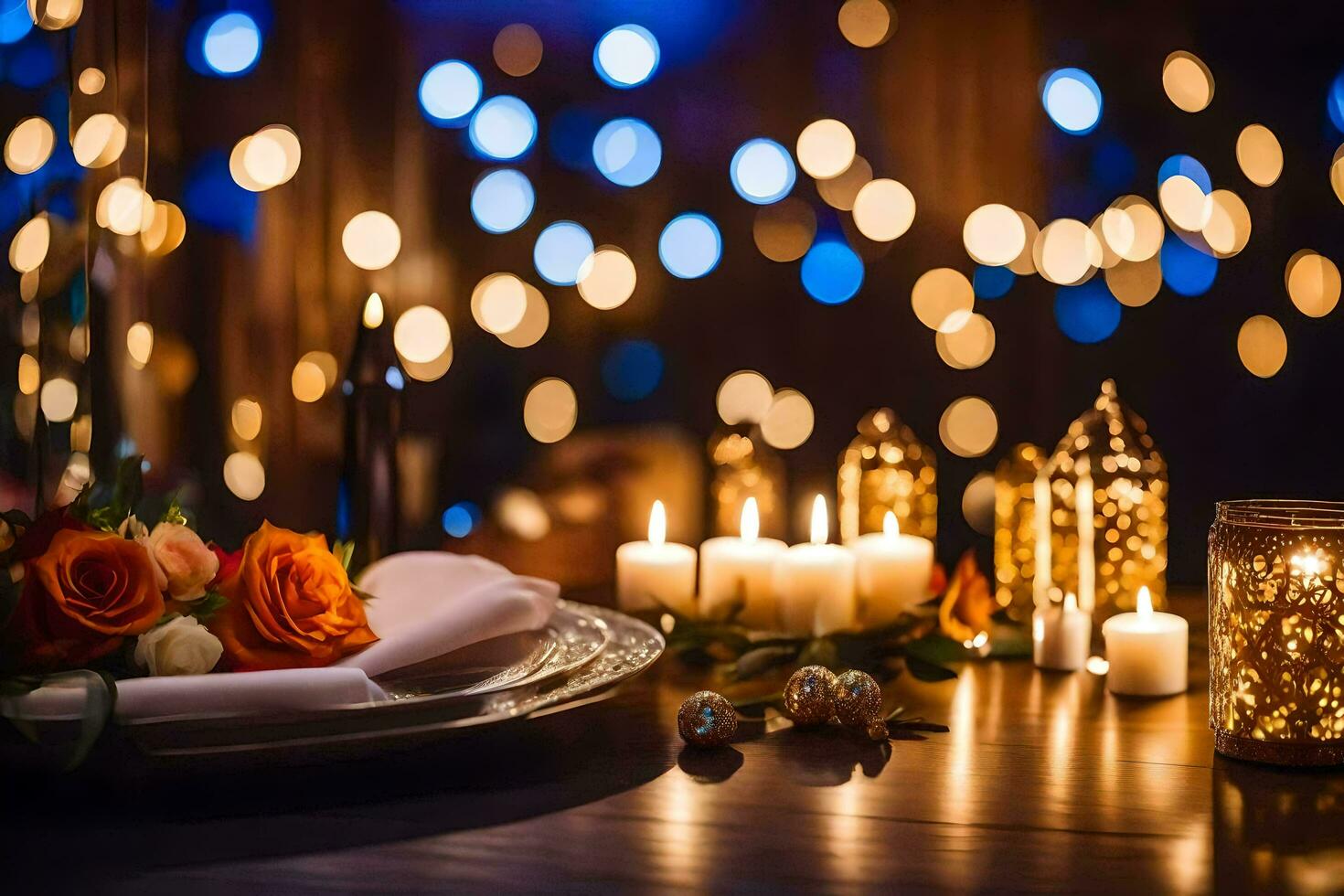 candles and flowers are on a table in front of a bokeh background. AI-Generated photo