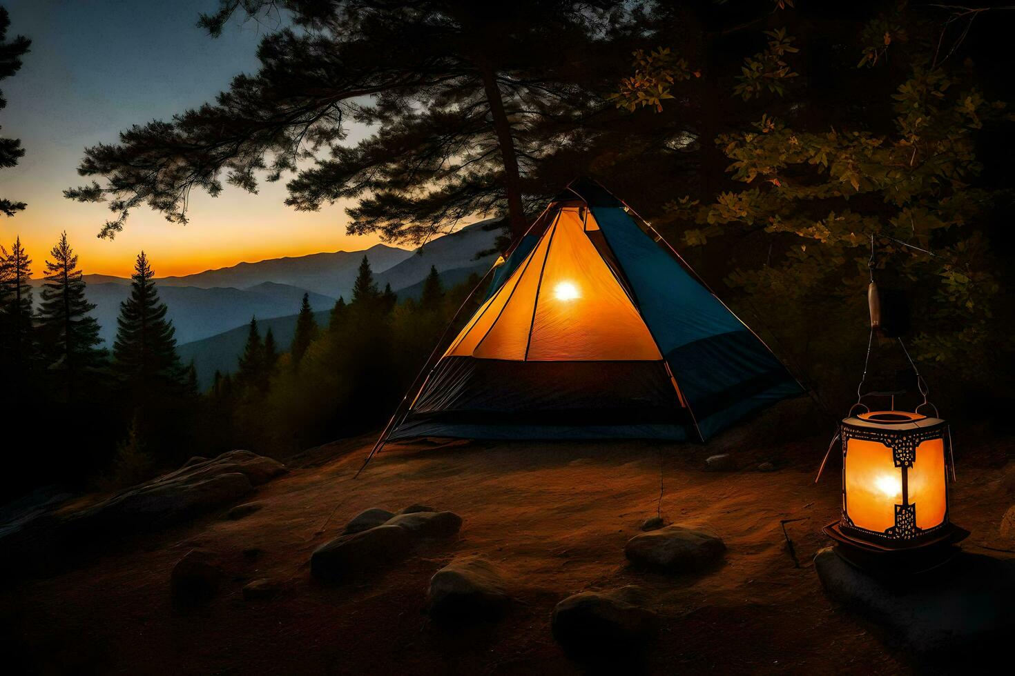 a tent and lantern on a mountain at sunset. AI-Generated photo