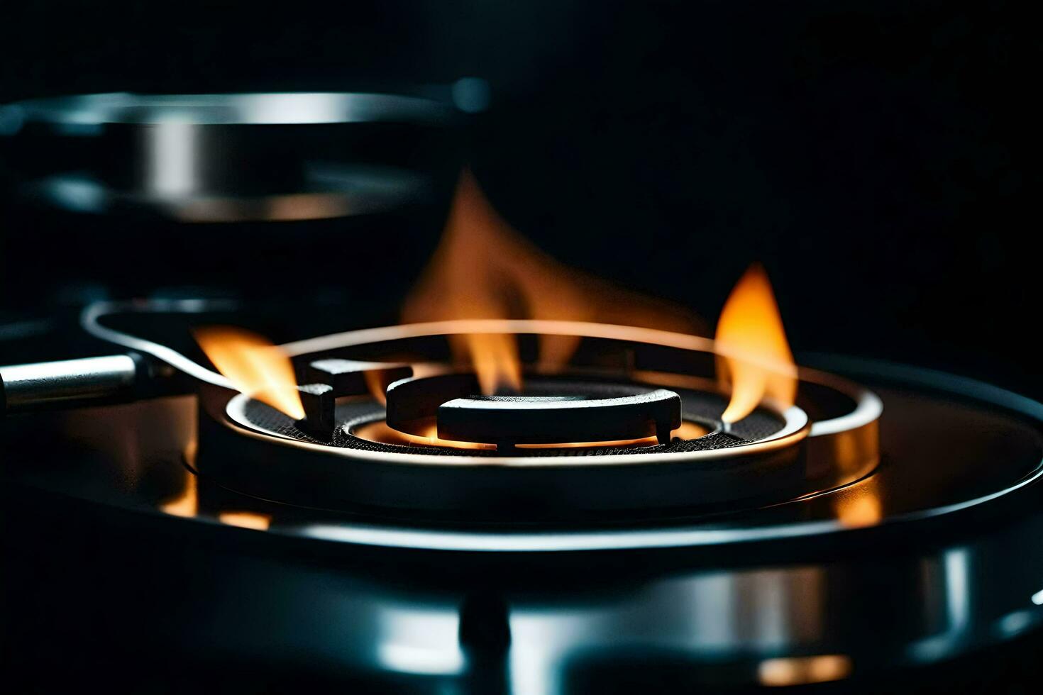 a close up of a gas burner on a stove. AI-Generated photo