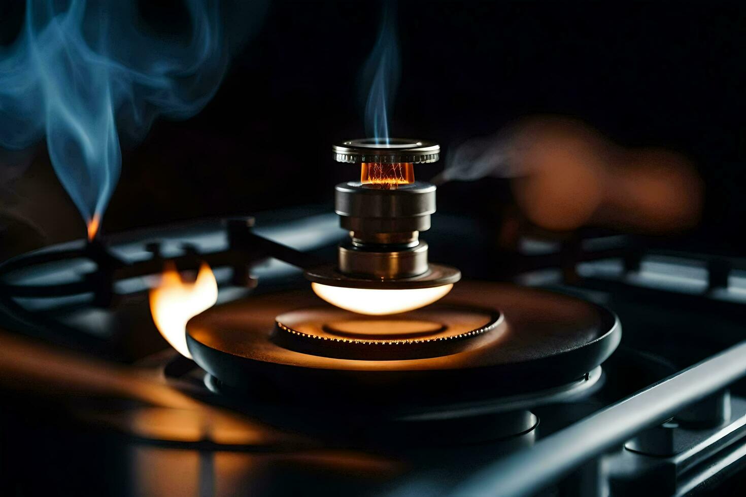 a gas burner is lit on a stove top. AI-Generated photo