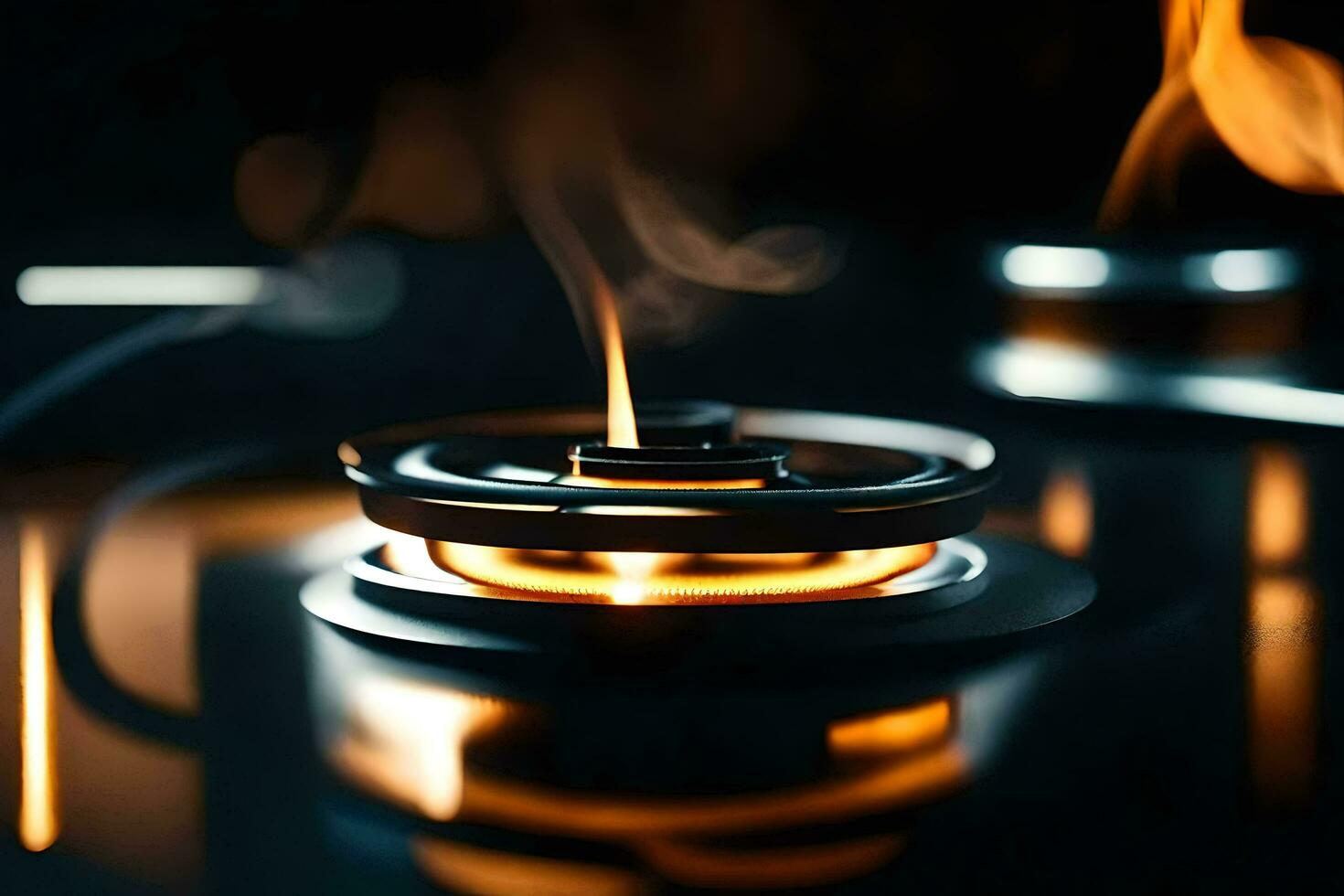 a close up of a gas stove with flames. AI-Generated photo