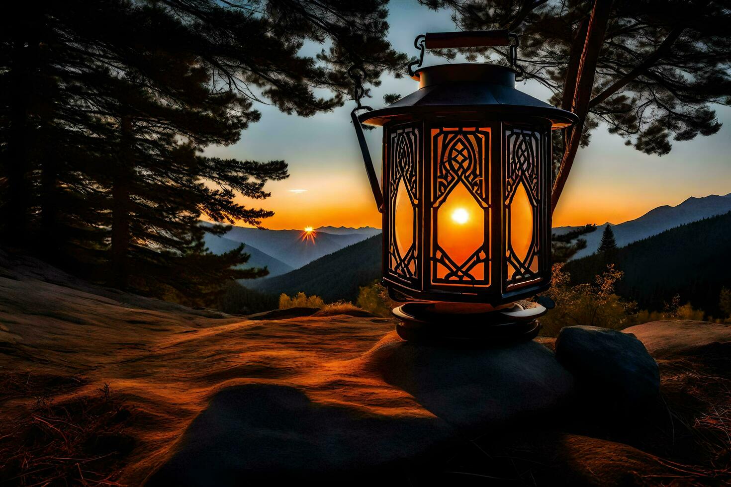 a lantern is lit up in the middle of a mountain. AI-Generated photo