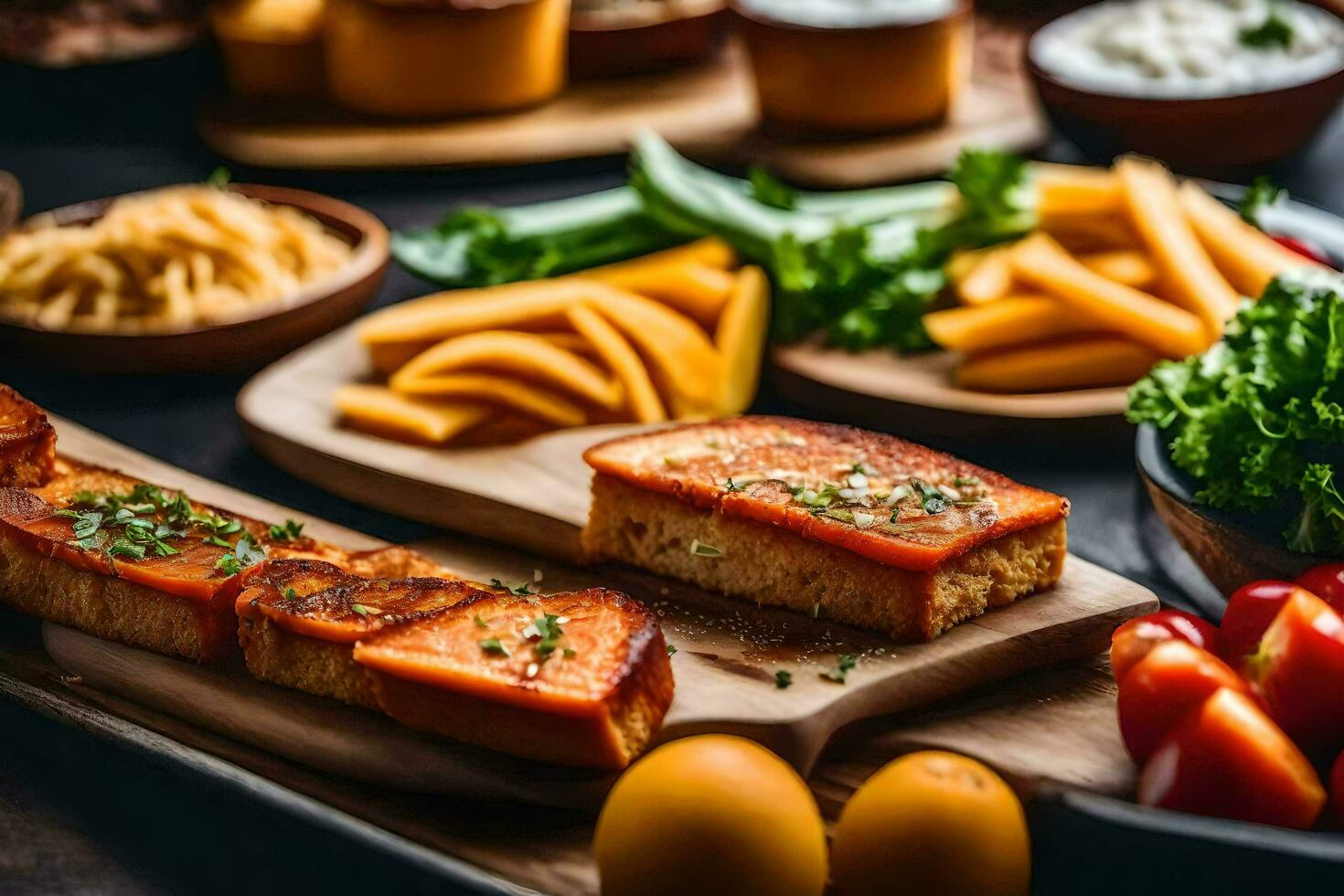foods on a wooden cutting board. AI-Generated photo