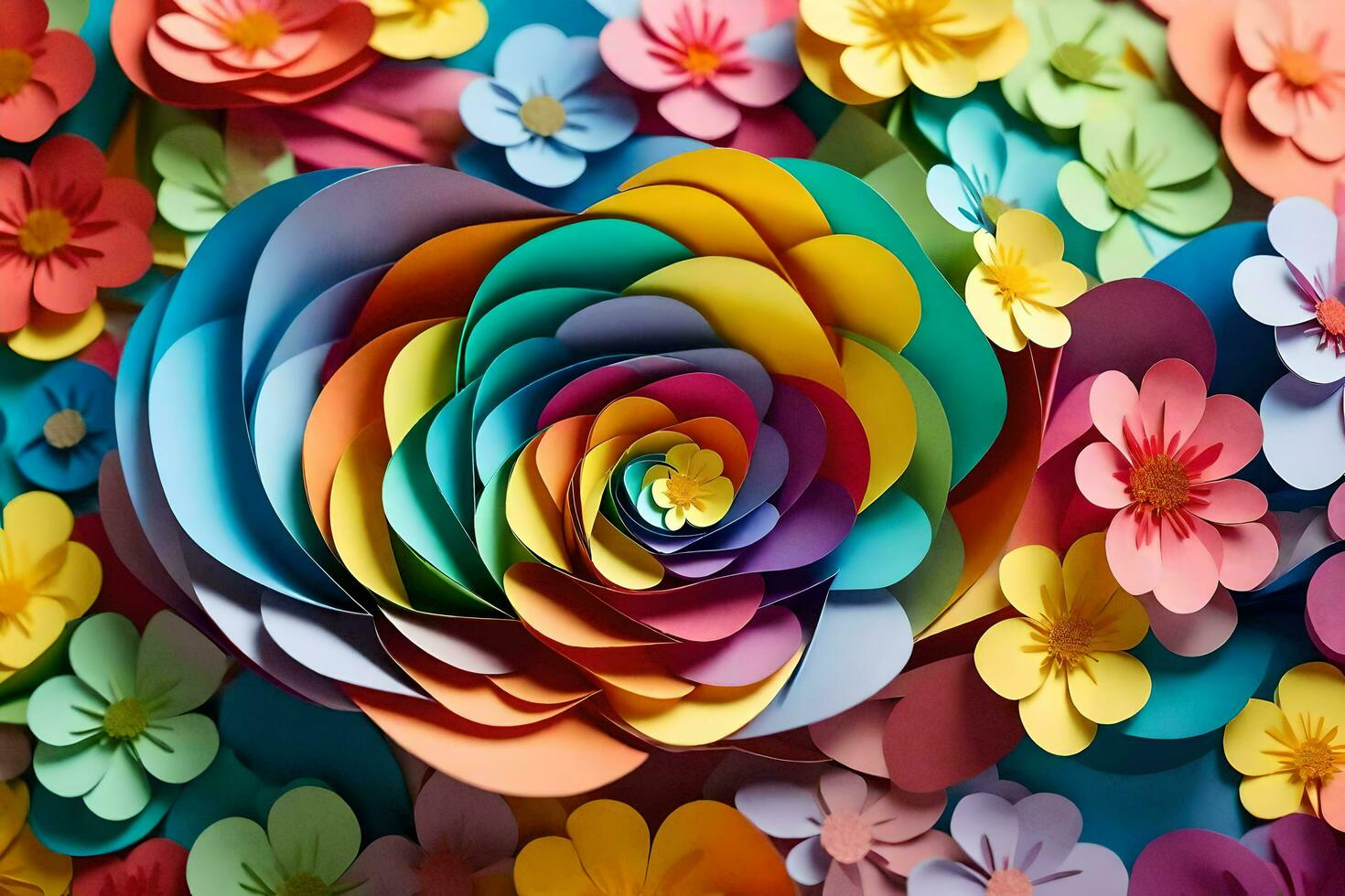 colorful paper flowers arranged in a heart shape. AI-Generated photo