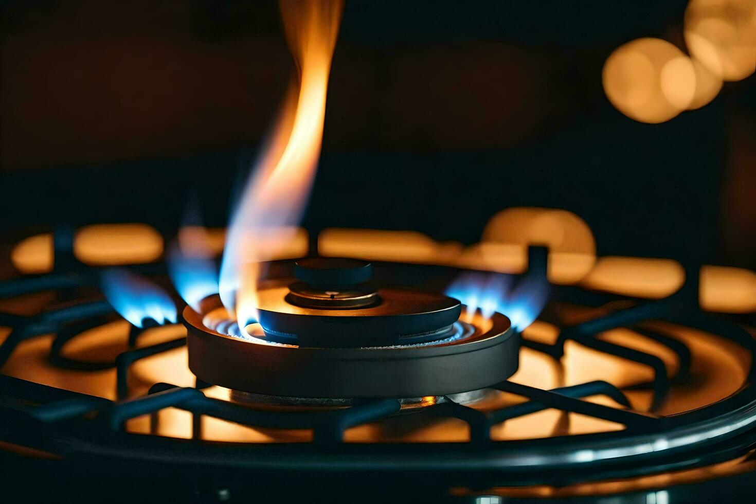a gas stove with flames and a black background. AI-Generated photo