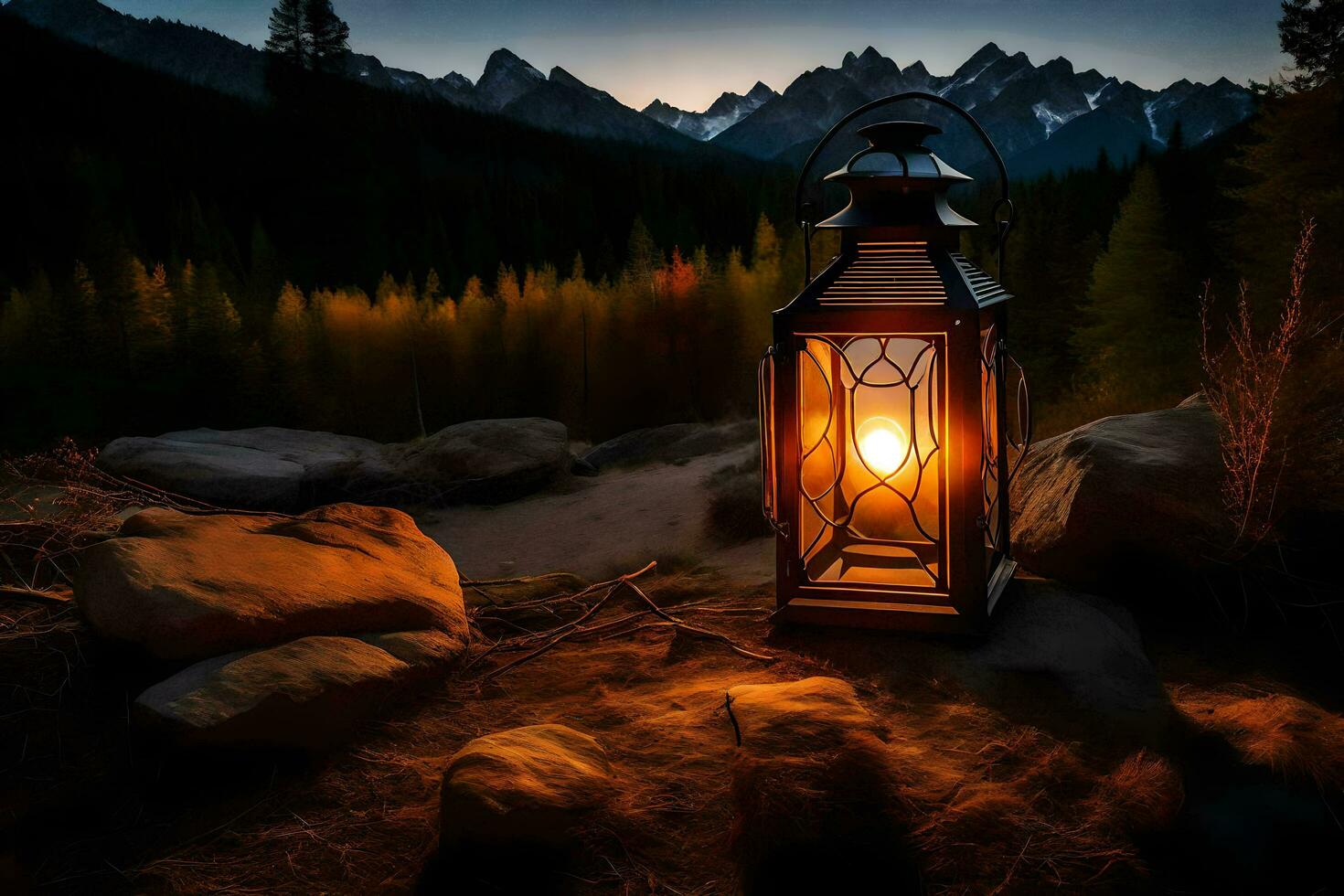 a lantern is lit in the middle of a mountain. AI-Generated photo