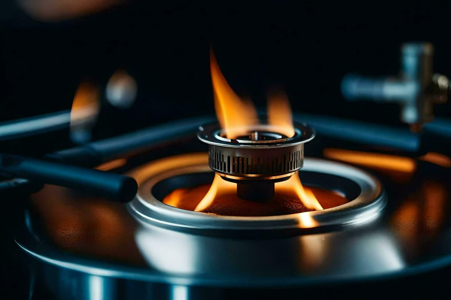 a close up of a gas burner on a stove. AI-Generated photo