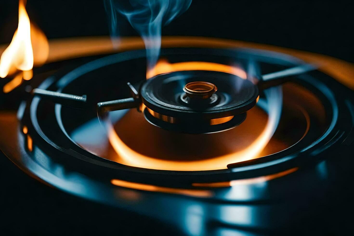 a close up of a gas stove with flames. AI-Generated photo