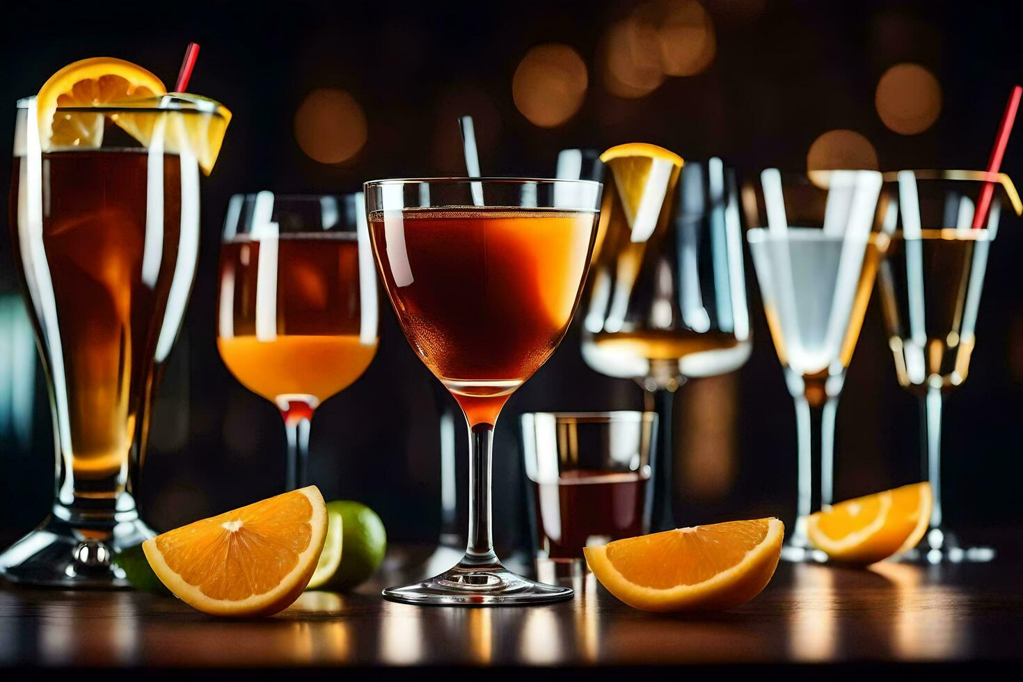 a group of glasses with different drinks. AI-Generated photo