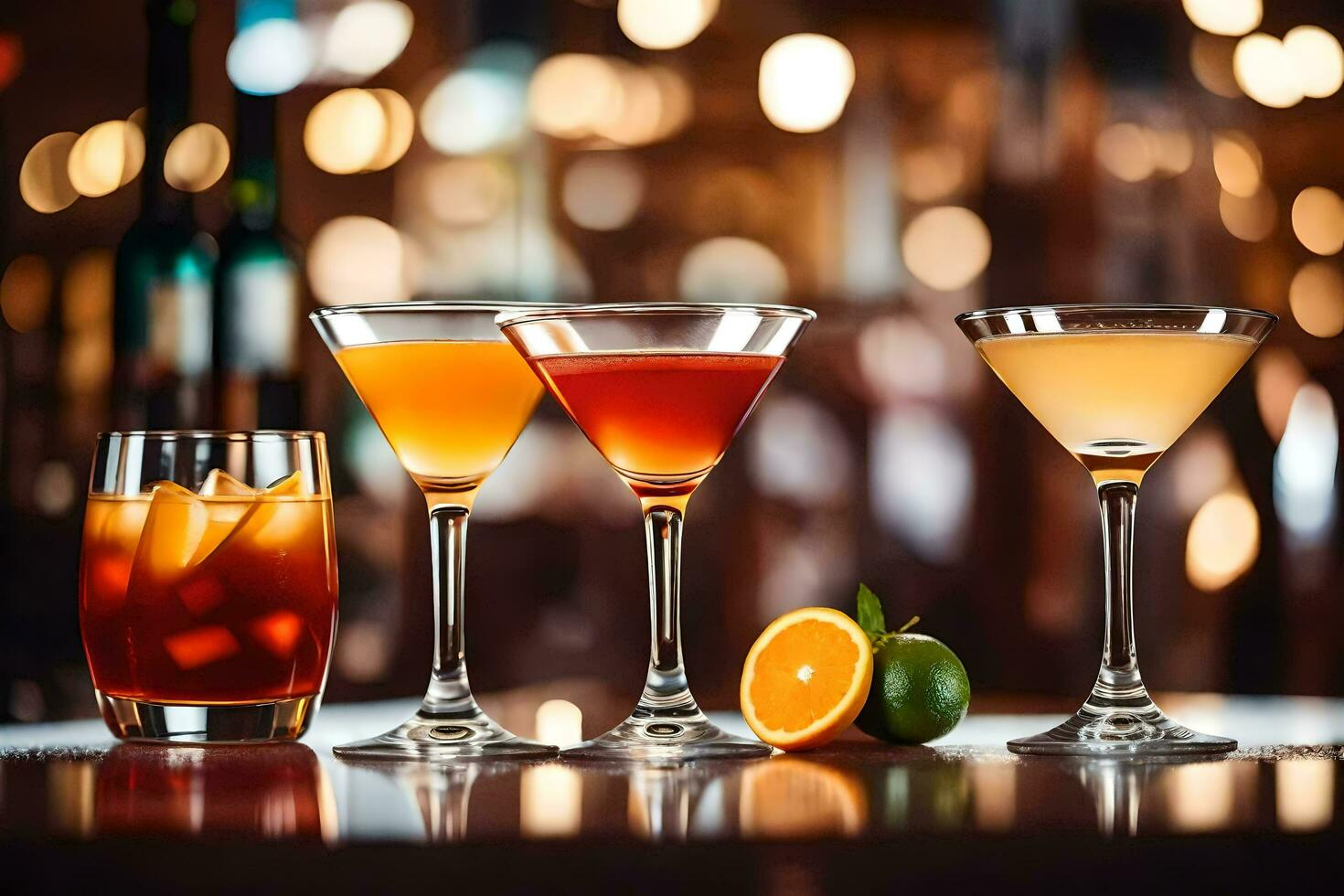 three different cocktails on a bar counter. AI-Generated photo