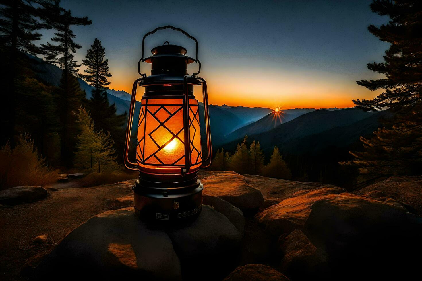 a lantern is lit up in the middle of a mountain. AI-Generated photo