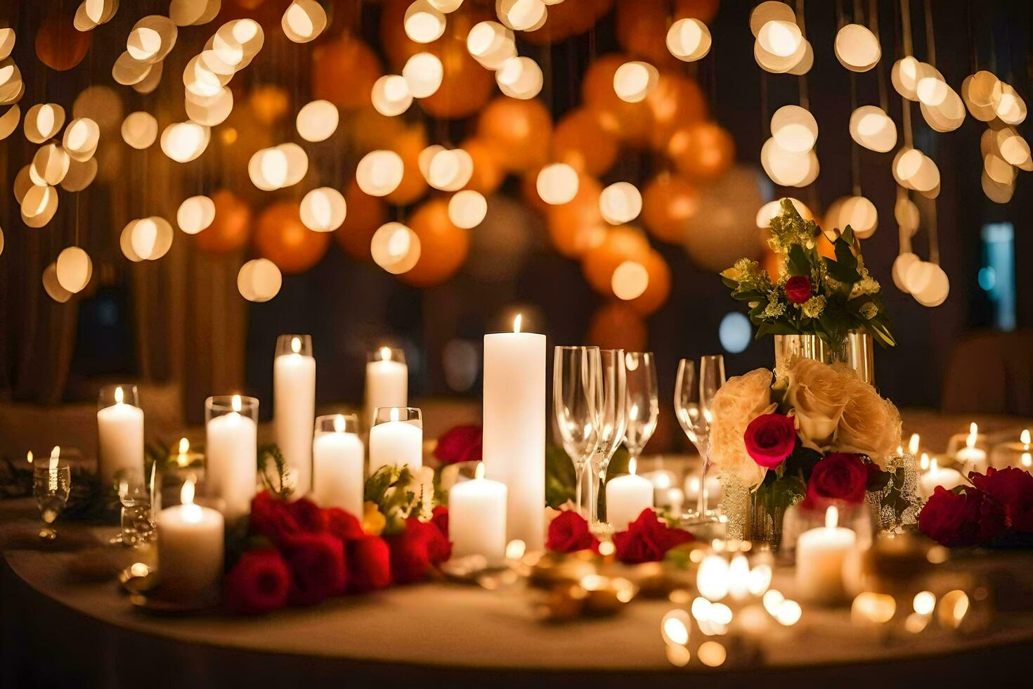 candles and flowers are set on a table with candles. AI-Generated photo
