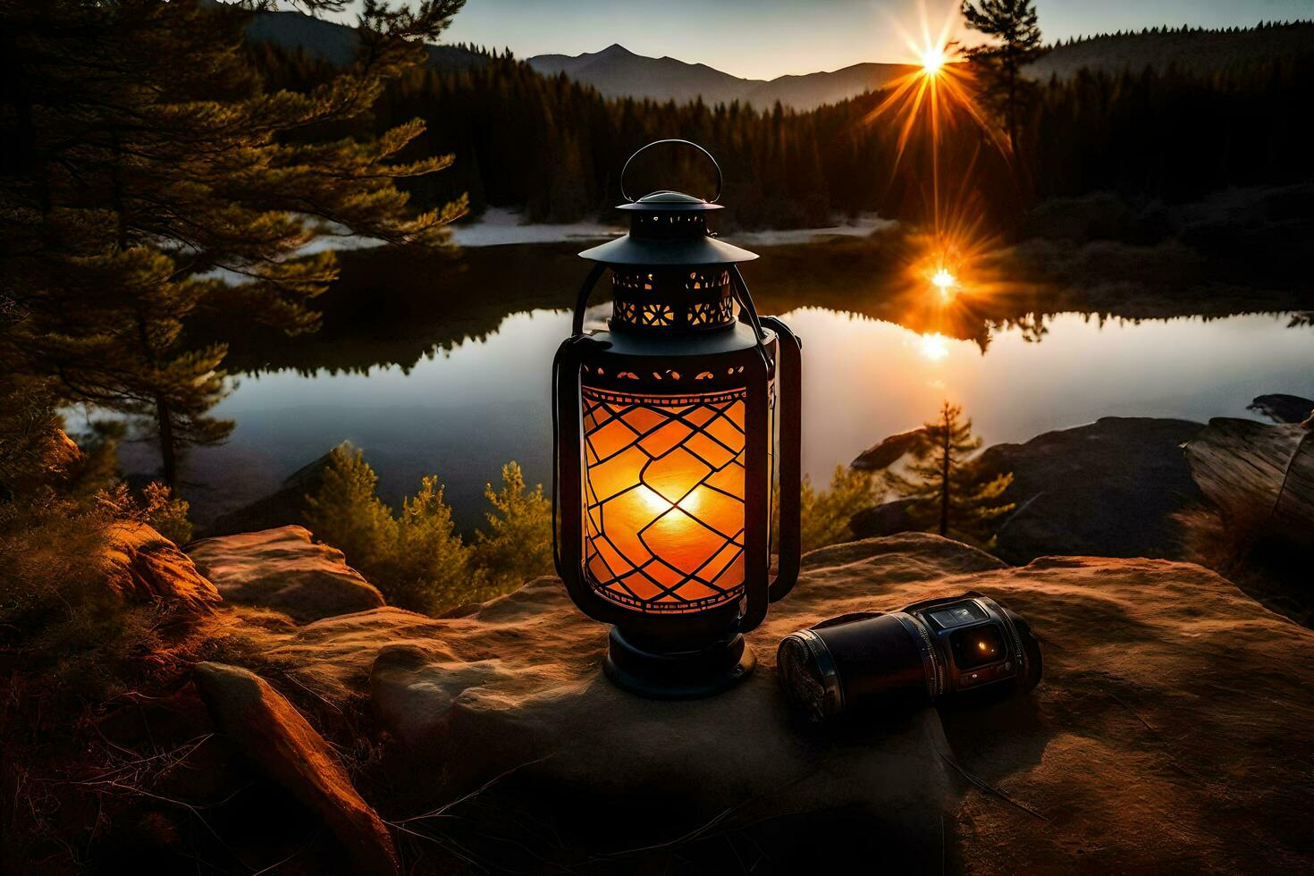 lanterns on the rocks by the lake. AI-Generated photo