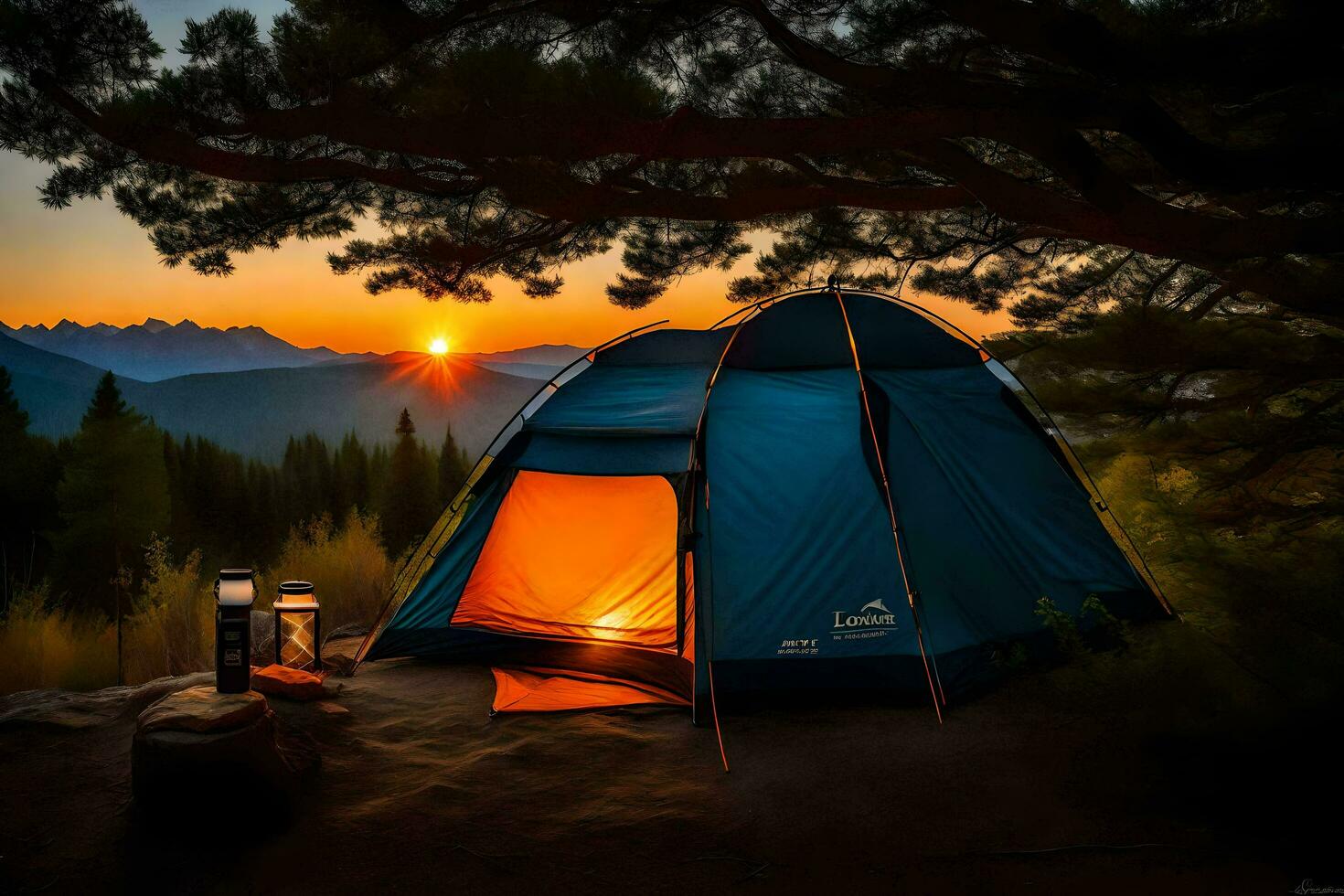 the sun sets over the mountains. AI-Generated photo