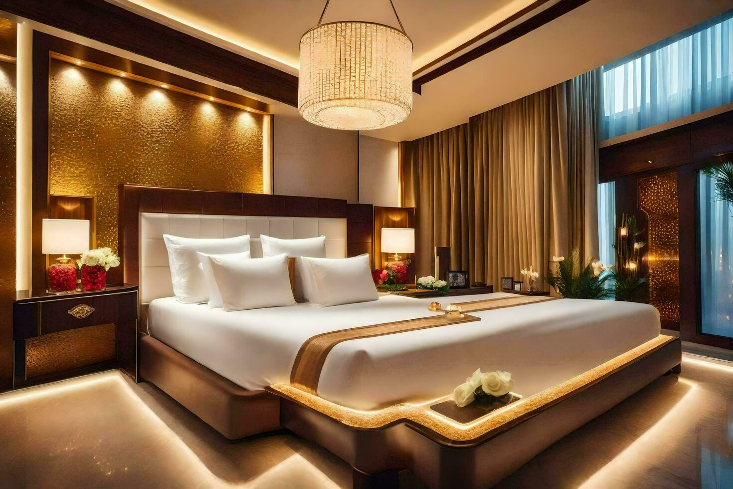 a large bedroom with a bed and a lamp. AI-Generated photo