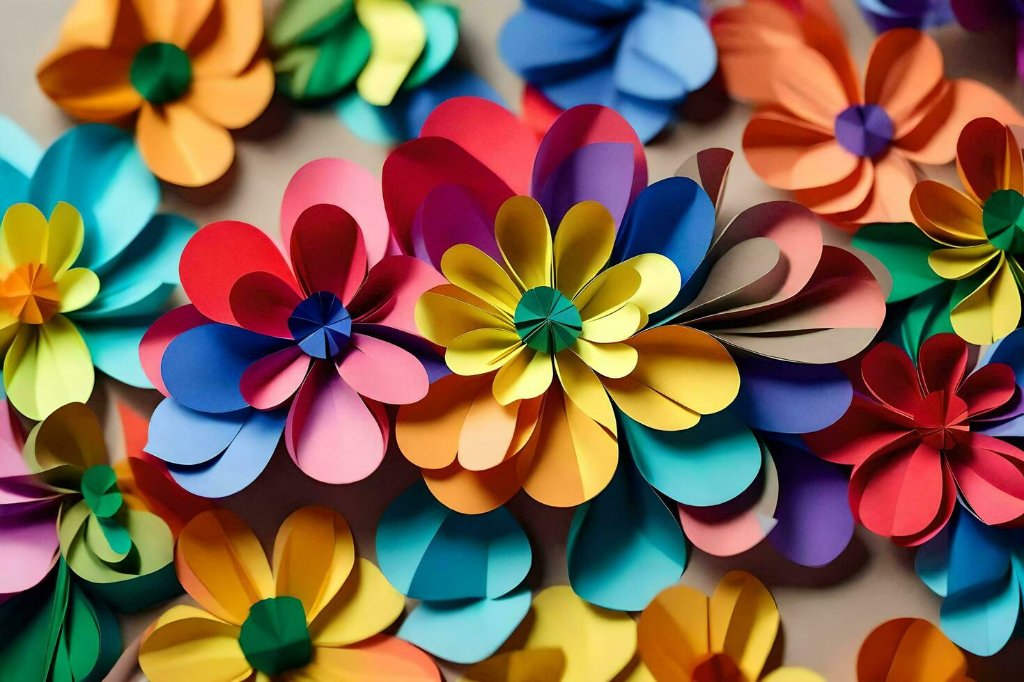 un grande grupo de vistoso papel flores generado por ai foto