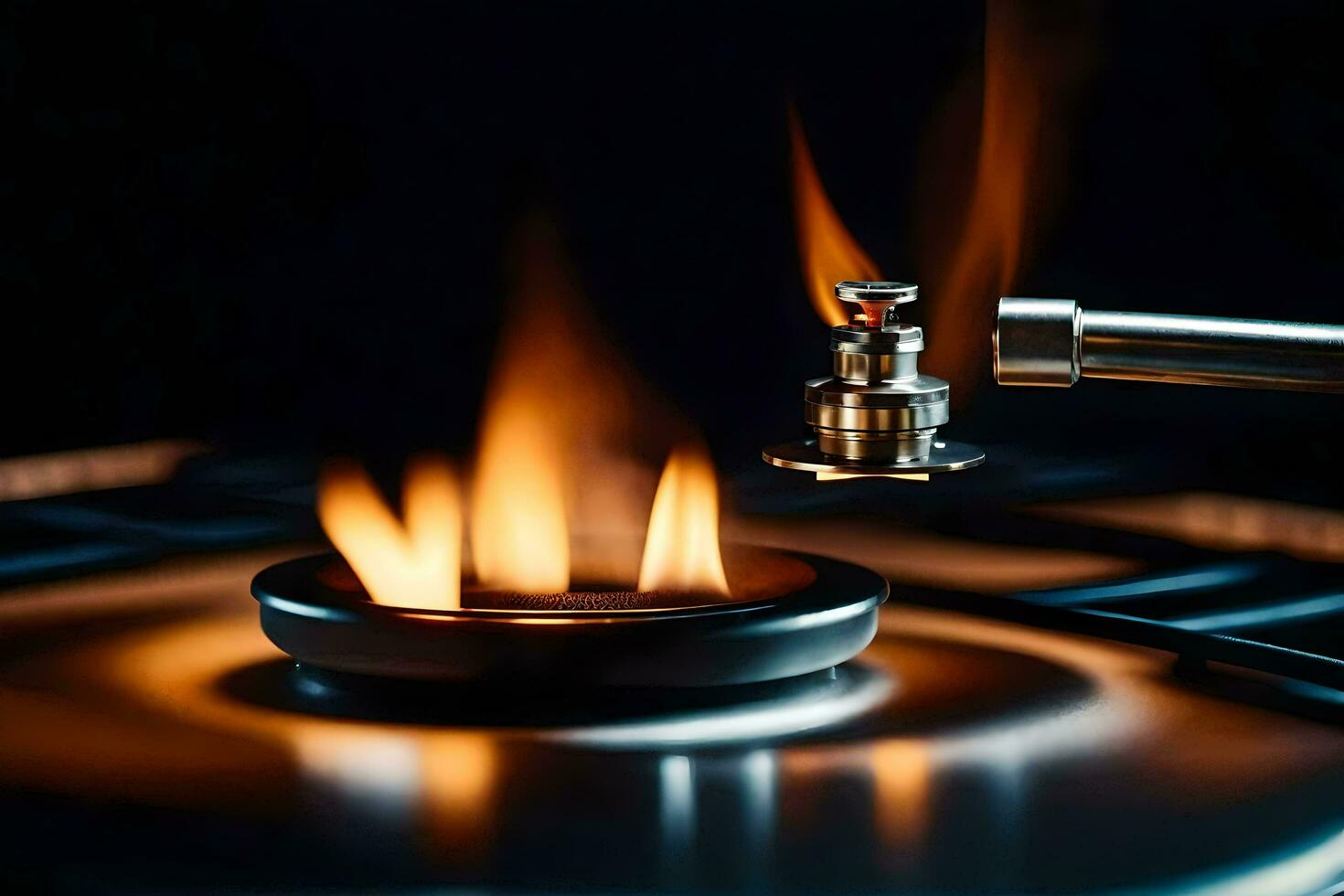 a gas burner on a stove with flames. AI-Generated photo